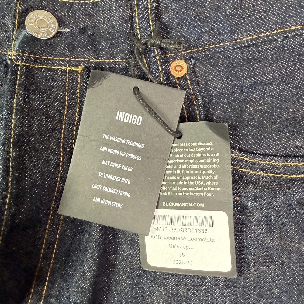 Buck Mason Full Saddle Selvedge Japanese Loomstate Denim Jeans Mens 36x26 Blue - Picture 4 of 12